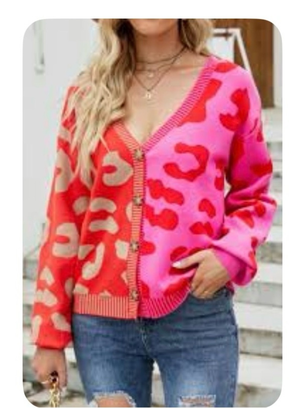 VICI Two-Tone Leopard Print Button-Front Cardigan in Red & Pink